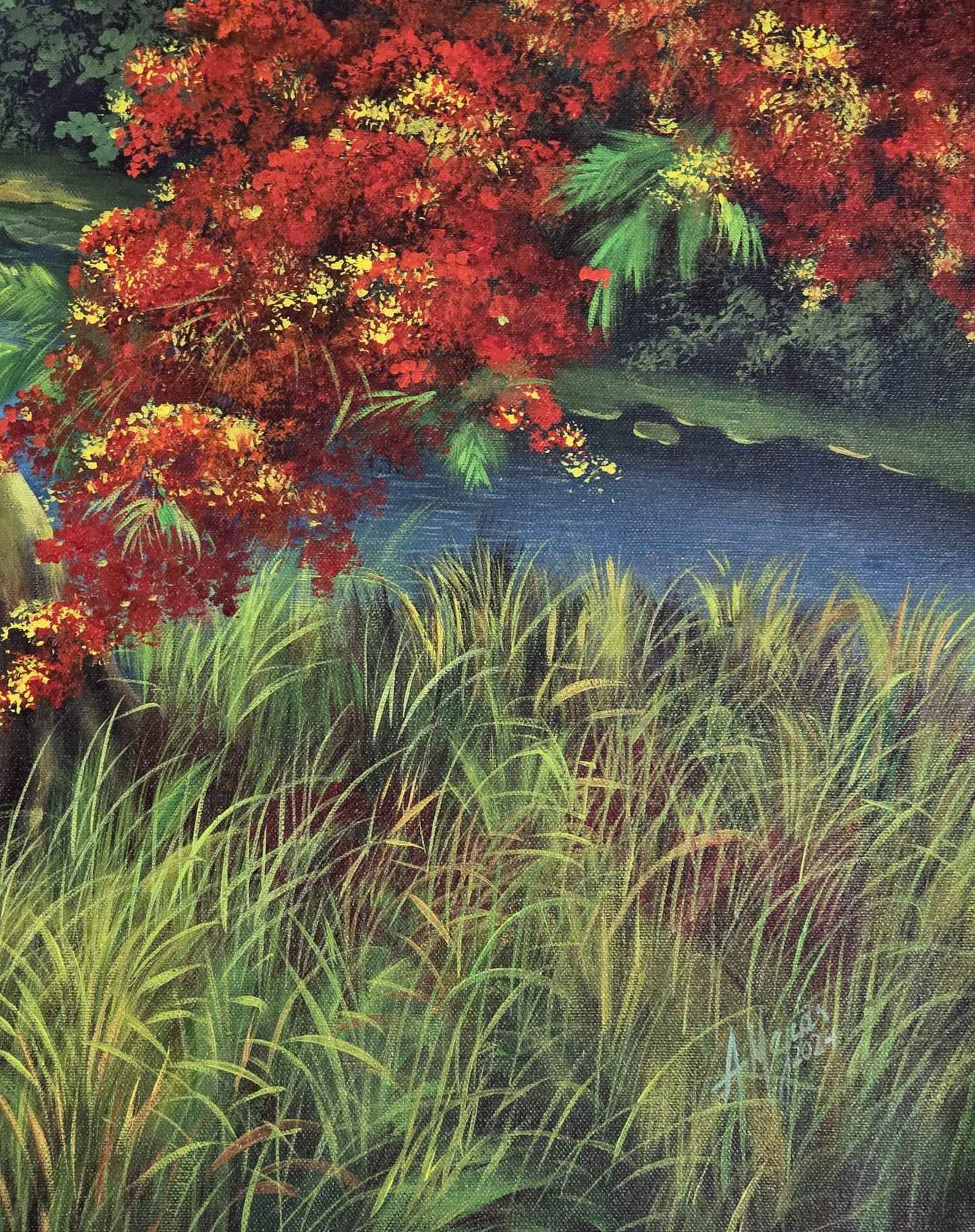 Vibrant Landscape with Red Blossoms (Mejias) - MJ Auction Gallery - Painting