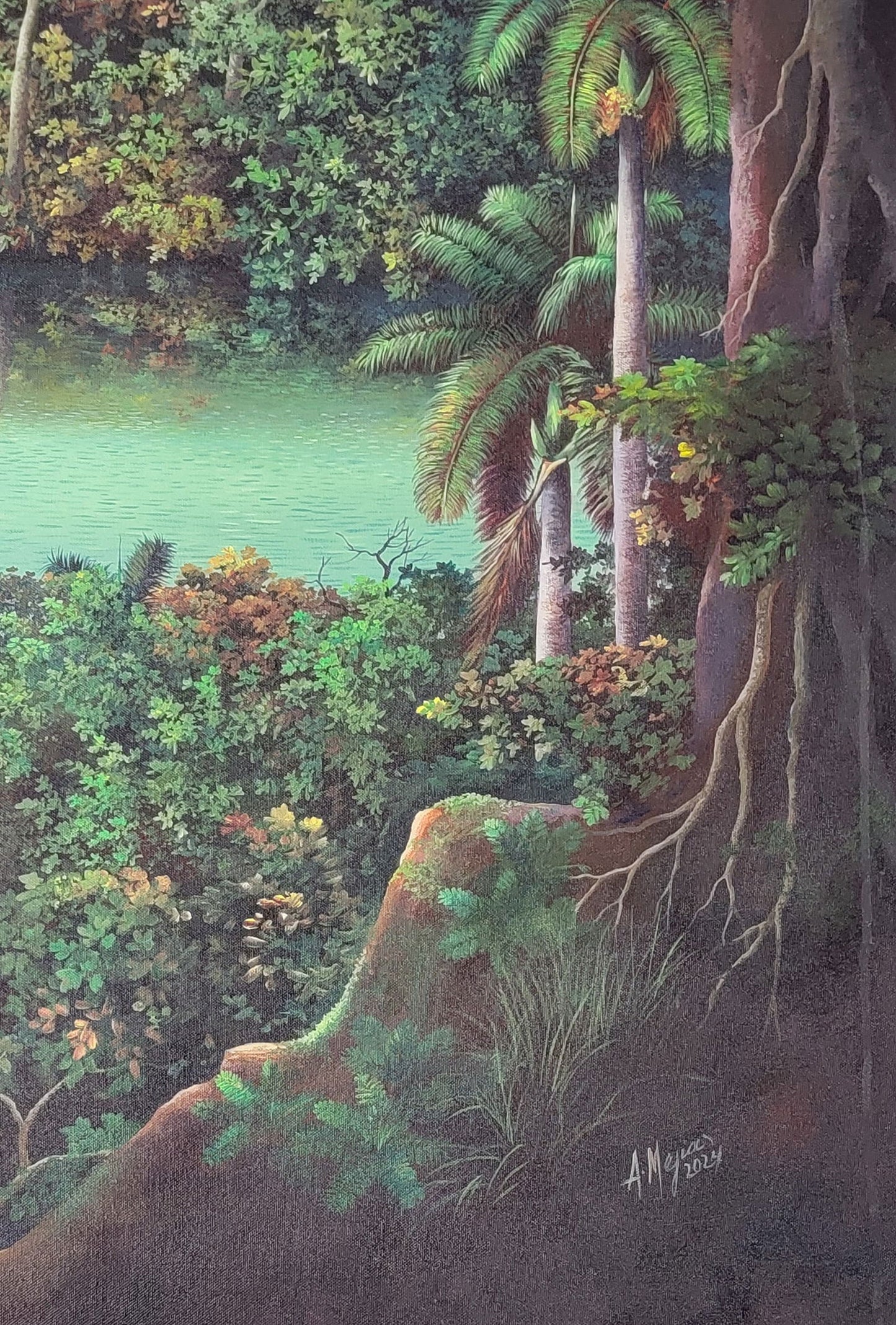 Armando Mejias (Cuban, born 1963). Monumental tropical jungle oil painting on canvas. A true
