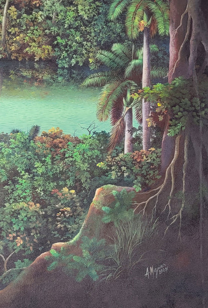 Armando Mejias (Cuban, born 1963). Monumental tropical jungle oil painting on canvas. A true