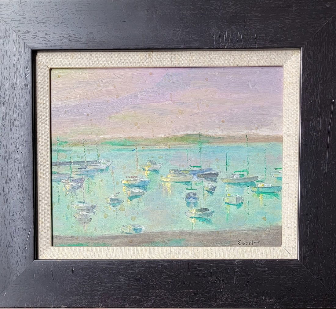Charles Henry Ebert, American, 1873 to 1959, an oil on wood Old Lyme Harbor, 1959. Signed by the
