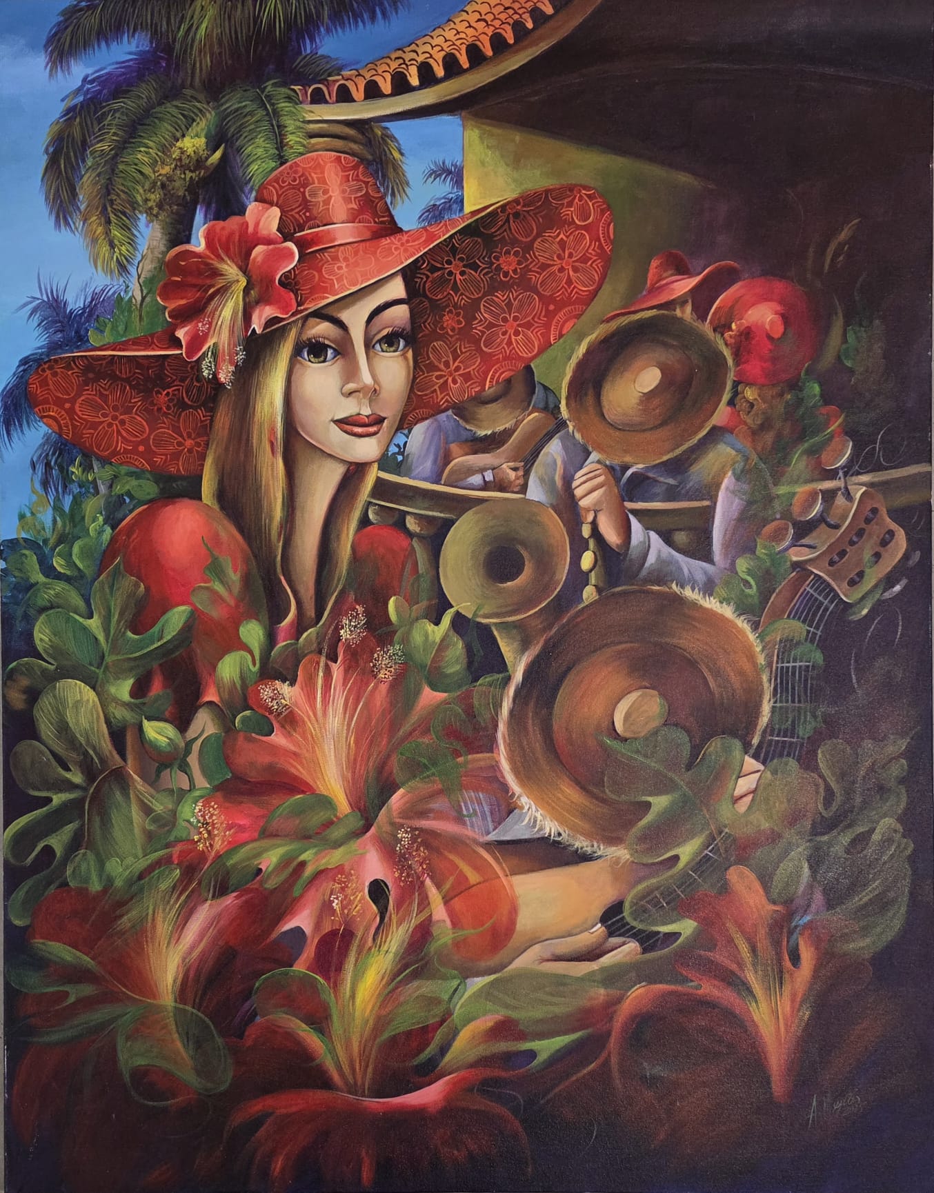 Oil on Canvas - Woman with Red Hat and Flowers (Armando Mejías) - MJ Auction Gallery - Painting