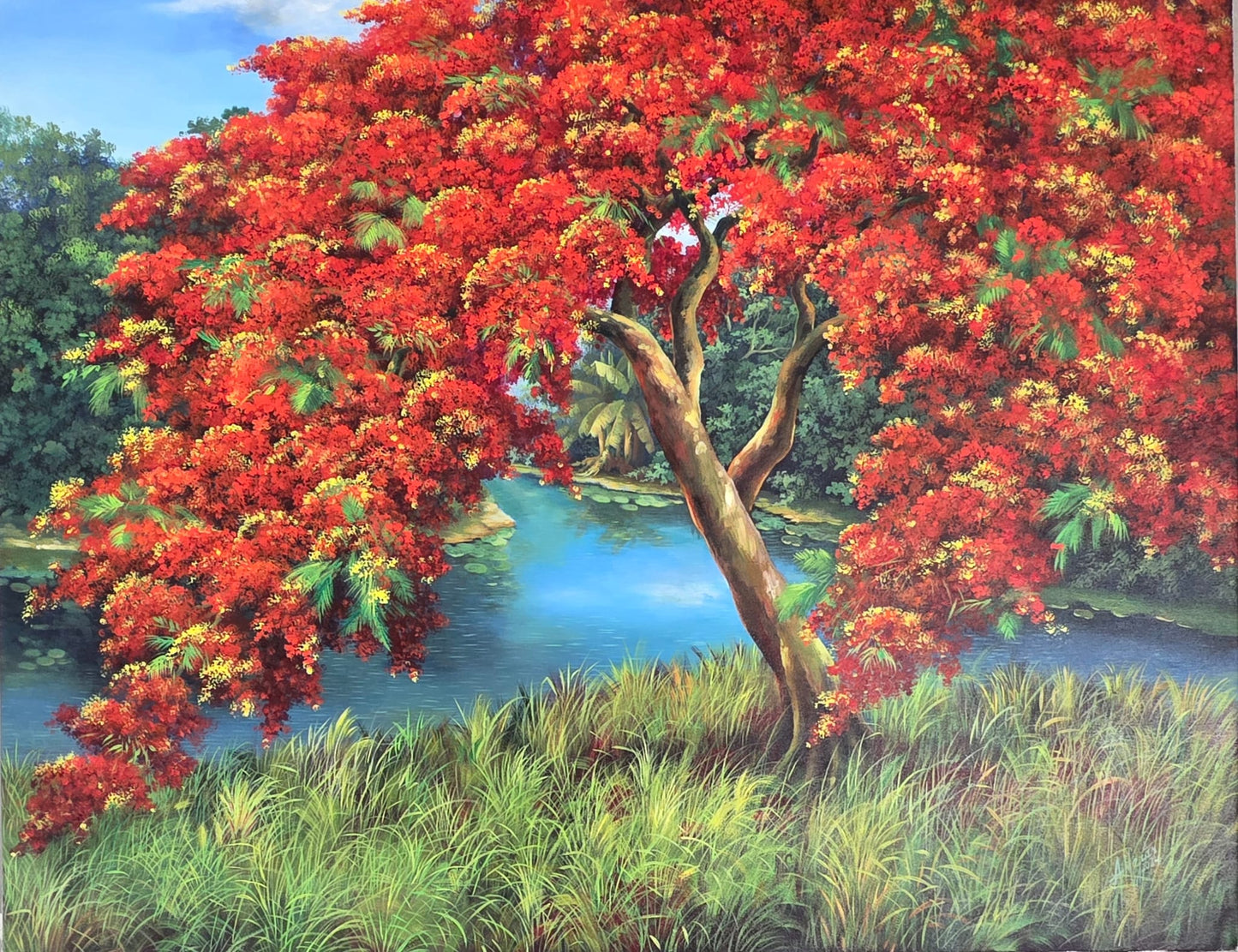 Vibrant Landscape with Red Blossoms (Mejias) - MJ Auction Gallery - Painting