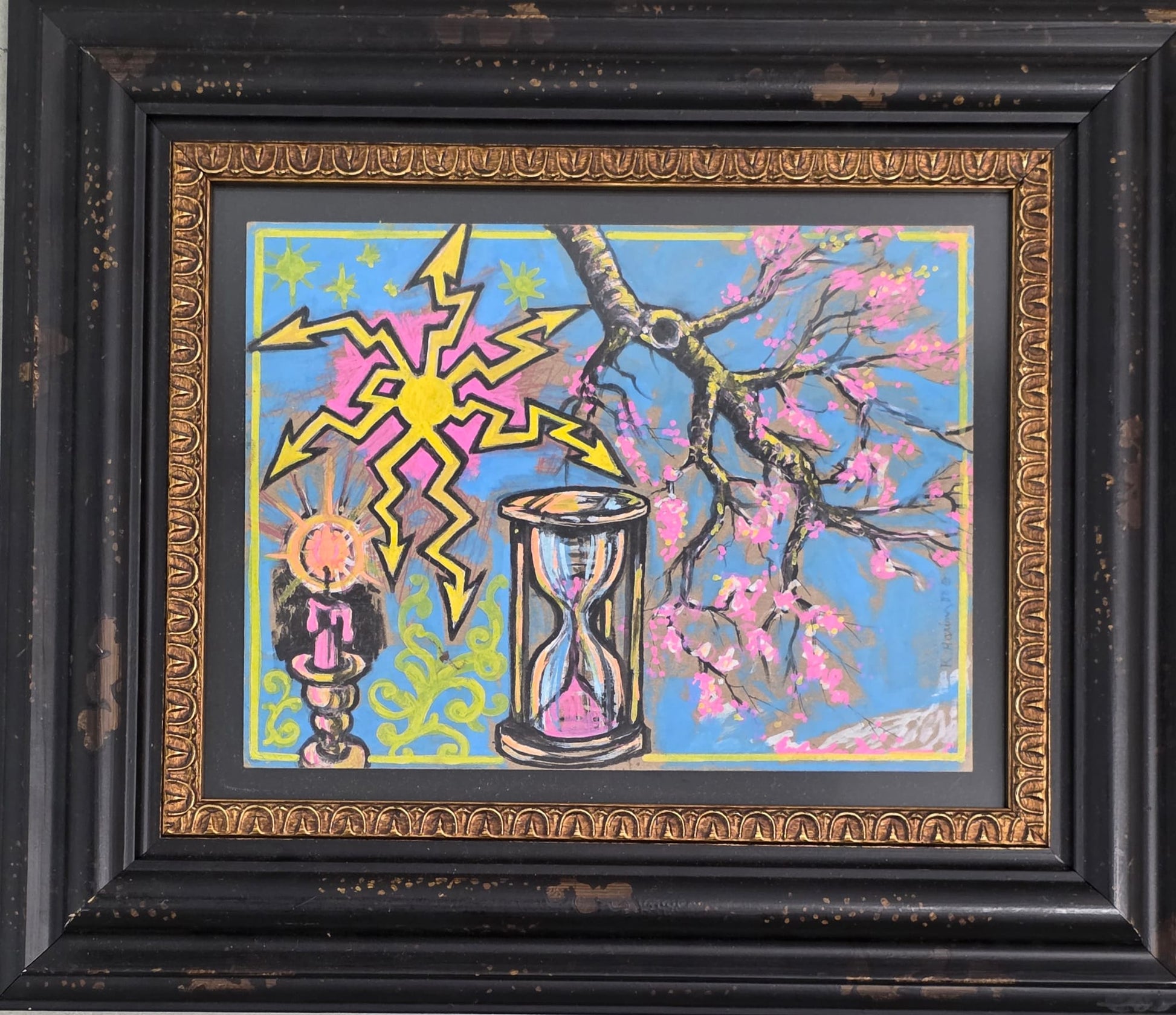 Watercolor Composition with Hourglass and Symbols (K. Haring) - MJ Auction Gallery - Painting